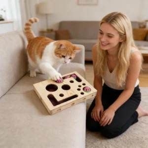 Cat Nail File Enrichment Box Wooden Interactive Scratcher Toy Cat Scratch Puzzle with Bell Ball for Pet Kitten Grooming Indoor