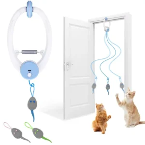Door Hanging Auto-Rebound Cat Toy, Retractable Kitten Teaser with 3 Catnip Mice, Interactive Pet Play Toy for Indoor Cats - Whit