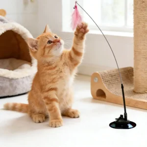 Interactive Suction Cup Cat Toys, Hands-Free Feather Wand, Floor-Stick Design, Feathers & Bells for Indoor Cats