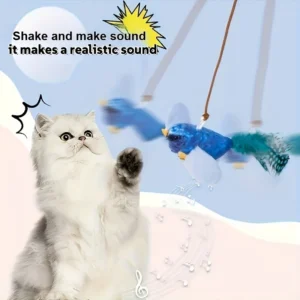 1pc Interactive Cat Toy with Chirping Sound & Feather Wand - Soft Polyester and Feather Wand, Realistic Bird-like Movement