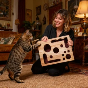 Wooden Cat Nail File Scratcher Box - Interactive Cat Scratch Puzzle Feeder Box for Cat Enrichment, Stimulation & Boredom Relief